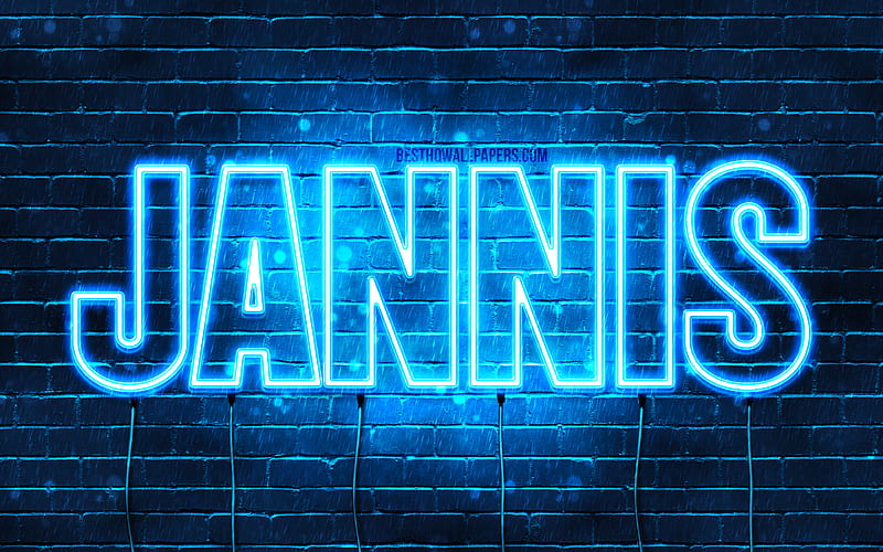 Jannis with names, horizontal text, Jannis name, Happy Birtay Jannis, popular german male names, blue neon lights, with Jannis name, HD wallpaper