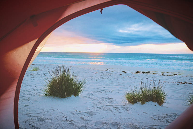 pink tent near white sand near sea, HD wallpaper