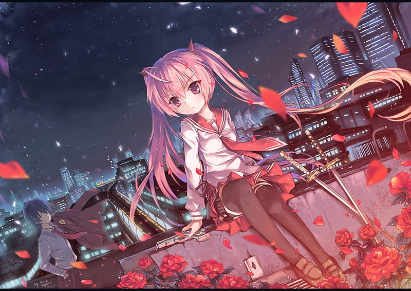 Kanzaki H. Aria, pretty, aria the scarlet ammo, aria, clouds, red rose, nice, love, anime, beauty, anime girl, weapon, pistol, twintail, kanzaki h aria, skirt, black, kinji, sky, sexy, cute, cool, tooyama, awesome, white, red eyes, red, night sky, rose, tie, bonito, hidan no aria, thighhighs, city, hot, butei, pink, blue, night, dual wield, outfit, tooyama kinji, swords, kanzaki, balcony, side arm, girl, stockings, uniform, katana, flower, petals, pink hair, HD wallpaper