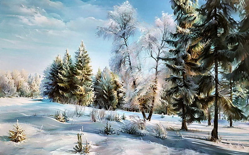 Winter in Russian Wilderness 2, art, trees, artwork, winter, wilderness, russia, snow, painting, wide screen, ice, scenery, field, landscape, HD wallpaper