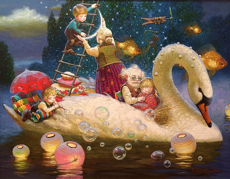 Childhood's Dreams, art, lantern, luminos, children, swan, grandmother, fantasy, bird, painting, white, dream, childhood, pictura, night, grandfather, victor nizovtsev, water, HD wallpaper