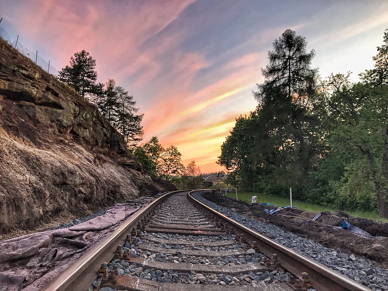 Sunset on the track, railroad, railway, sunset, tracks, train, travel, HD wallpaper