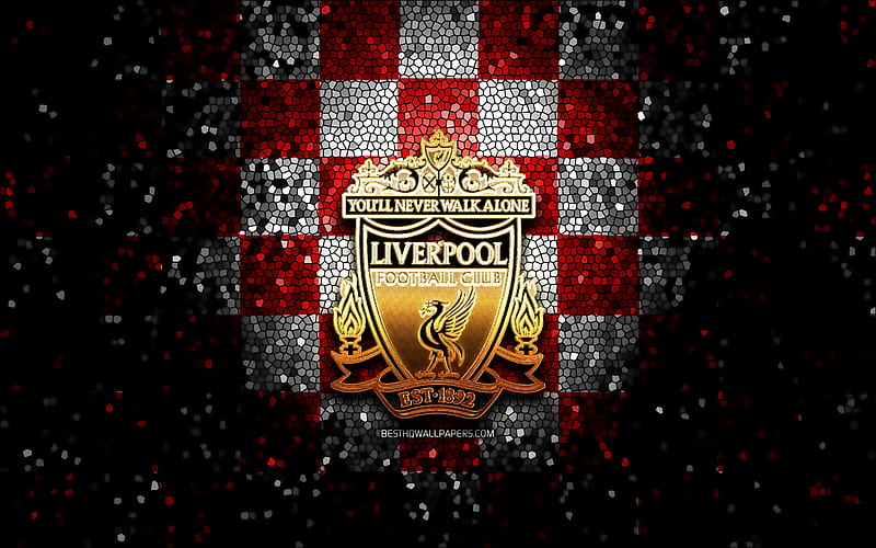 Liverpool FC, glitter logo, Premier League, red white checkered background, soccer, FC Liverpool, english football club, Liverpool logo, mosaic art, football, England, LFC, HD wallpaper
