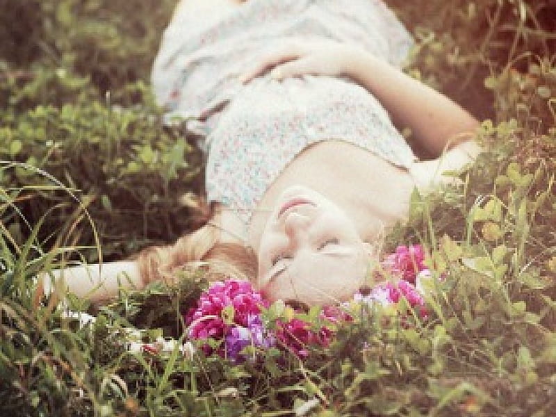 Sweet Summer Day, sun, lovely, grass, flowers, women, laying, HD wallpaper