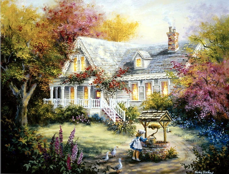 The Wishing Well, cottage, painting, summer, flowers, garden, child, artwork, HD wallpaper