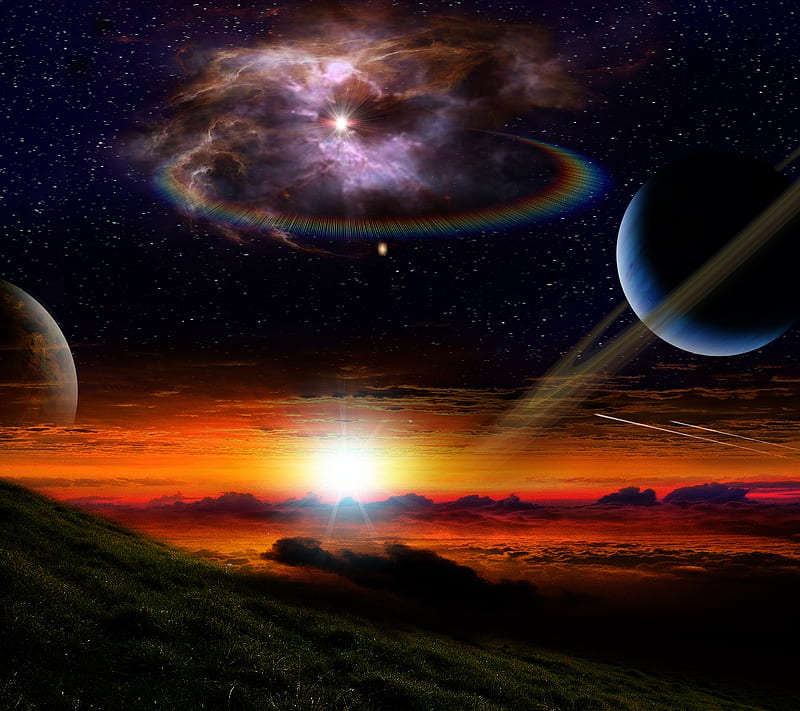Glare, planet, sky, space, star, sun, sunset, HD wallpaper
