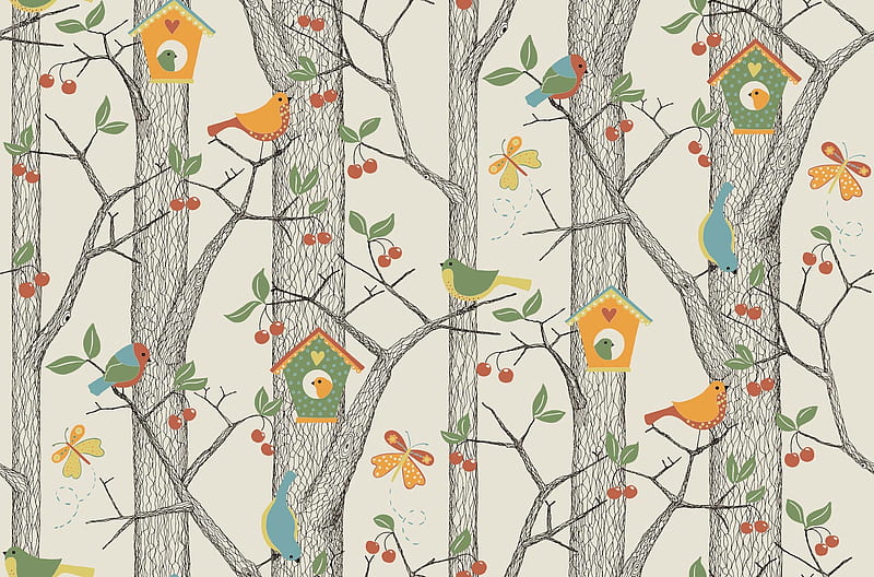 Texture, tree, house, bird, yellow, pasari, paper, pattern, leaf, white, HD wallpaper