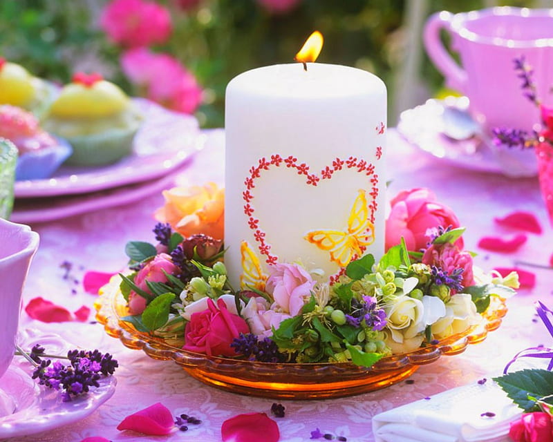 Flowers and Candle in a Plate, wreaths, plate, candle, flowers, HD wallpaper