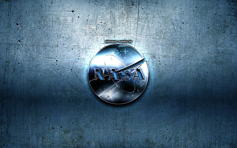 NASA metal logo, blue metal background, National Aeronautics and Space Administration, NASA, brands, NASA 3D logo, creative, NASA logo, HD wallpaper