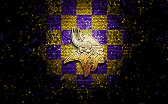 Minnesota Vikings, glitter logo, NFL, violet yellow checkered background, USA, american football team, Minnesota Vikings logo, mosaic art, american football, America, HD wallpaper