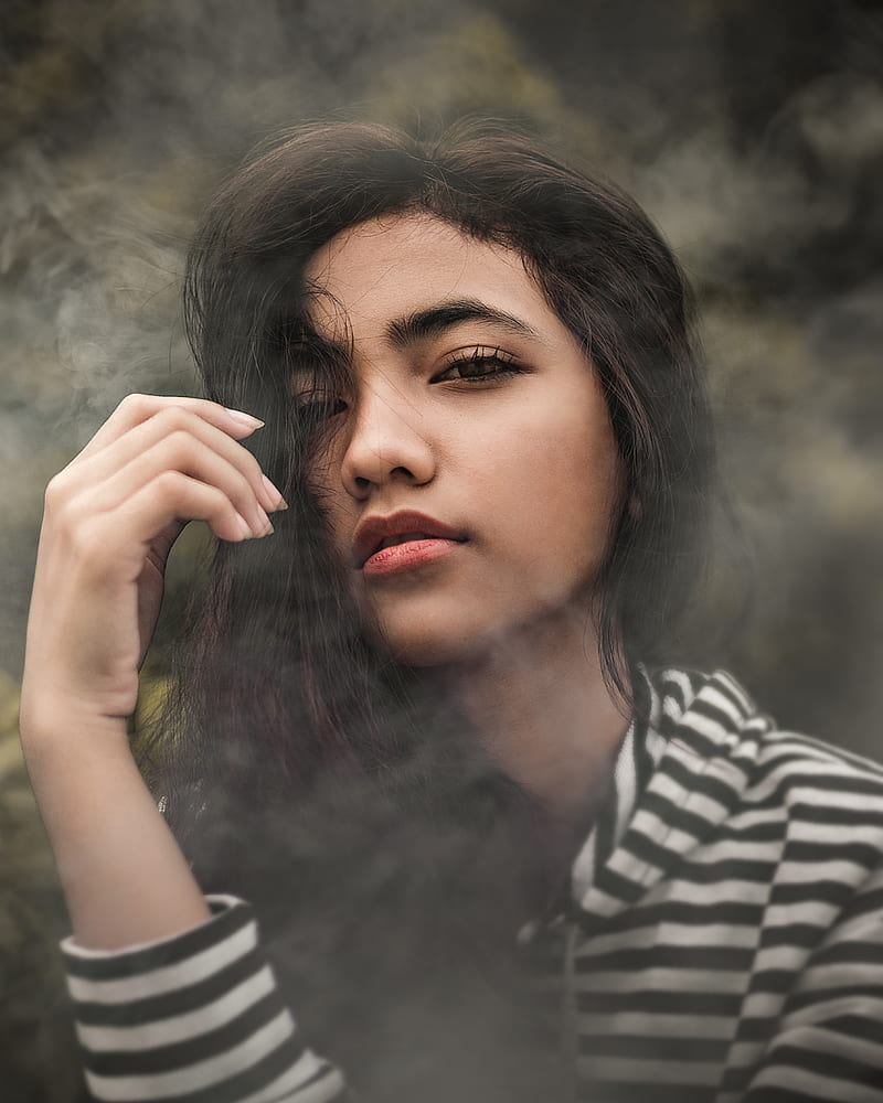 woman in white and black striped pullover top covered with smoke, HD phone wallpaper