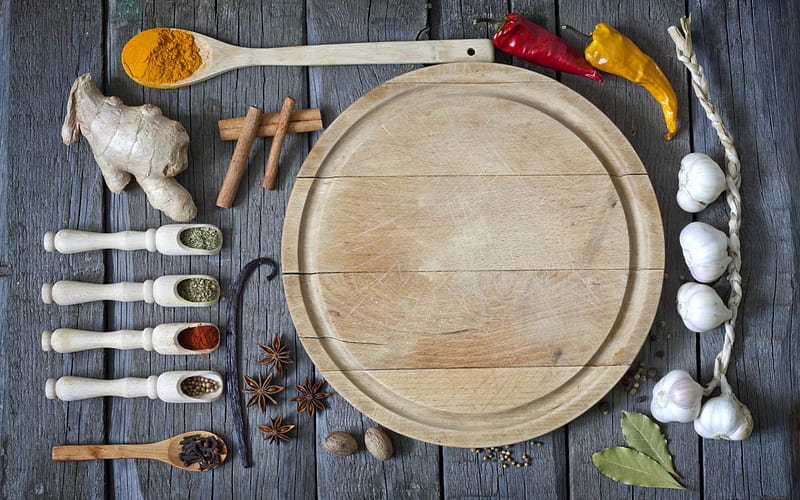 *** Board with spices ***, board, spices, food, ginger, garlic, HD wallpaper
