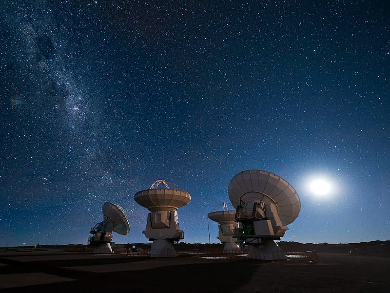 is anyone out there ?, stars, sun, radar dishes, fences, HD wallpaper
