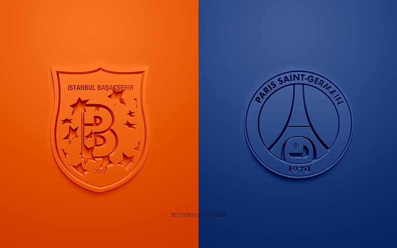 Istanbul Basaksehir vs PSG, UEFA Champions League, Group H, 3D logos, orange-blue background, Champions League, football match, Istanbul Basaksehir, Paris Saint-Germain, HD wallpaper