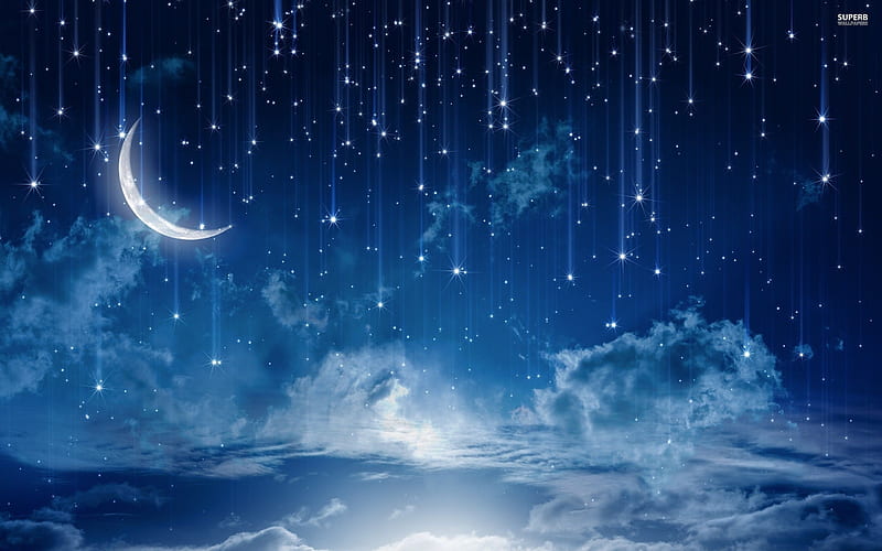 rain of stars, stars, fantasy, moon, blue, HD wallpaper