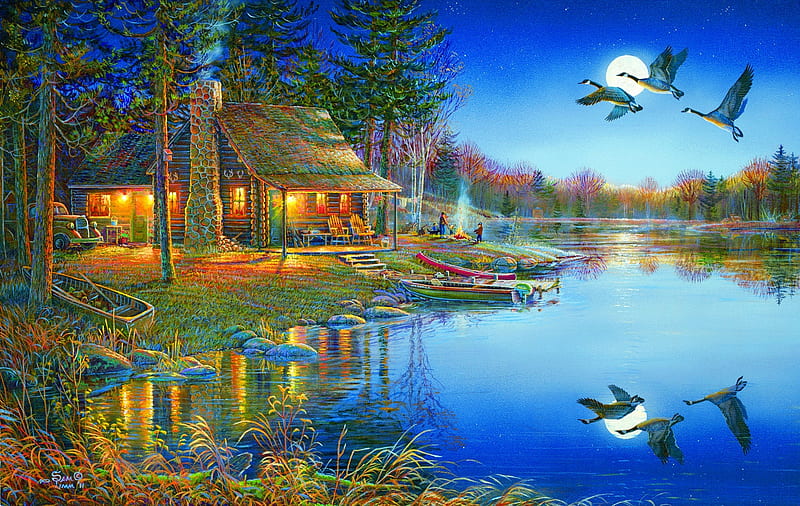 The Good Life, good, lake, life, dusk, ducks, puzzle, cabin, HD wallpaper