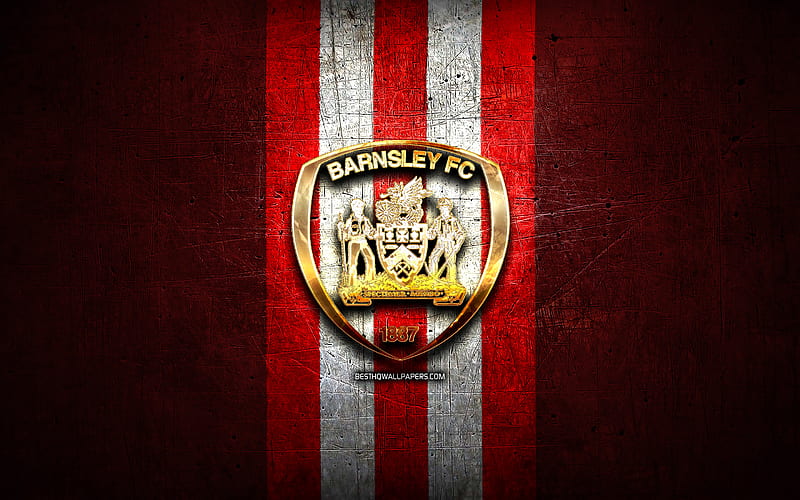 Barnsley FC, golden logo, EFL Championship, red metal background, football, FC Barnsley, english football club, Barnsley logo, soccer, England, HD wallpaper