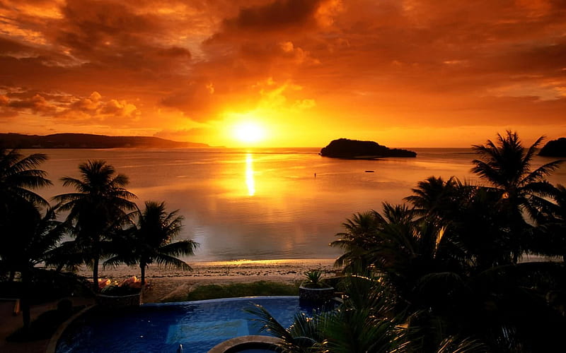 AGANA BAY GUAM AT SUNSET, colorful, sun, ocean, sunset, agana bay, trees, sky, HD wallpaper