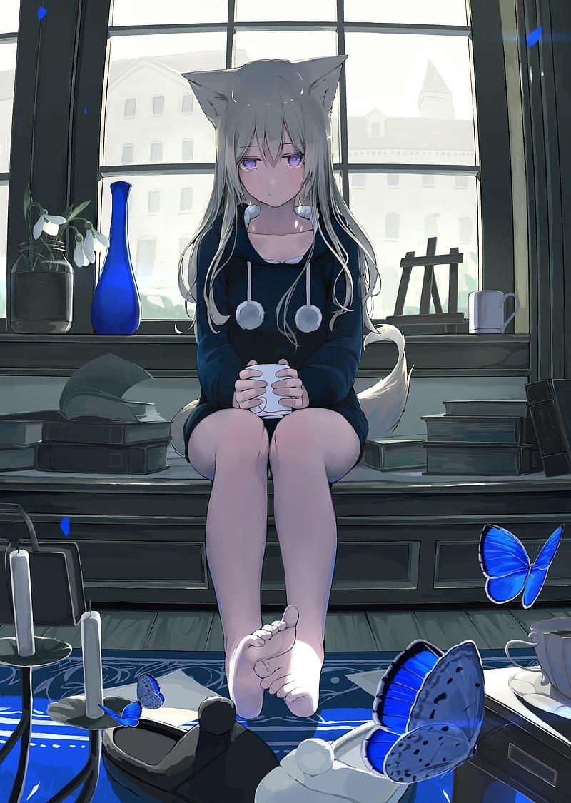 Premium AI Image | anime character with blue hair and a cat ears generative  ai