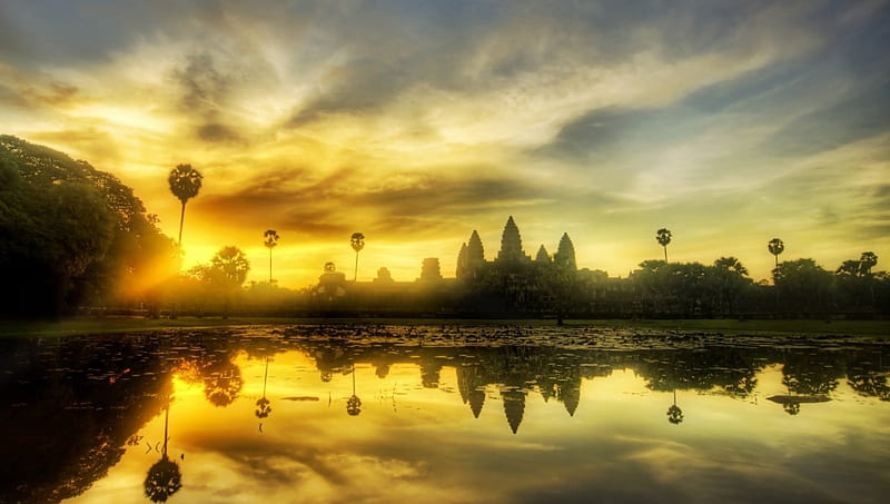 angkor wat cambodia, temple, sunrise, trees, lake, HD wallpaper