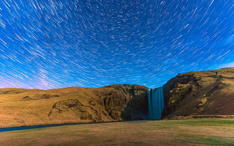 Star Long Exposure over Skogafoss, Iceland, Stars, Waterfall, Iceland, Nature, HD wallpaper