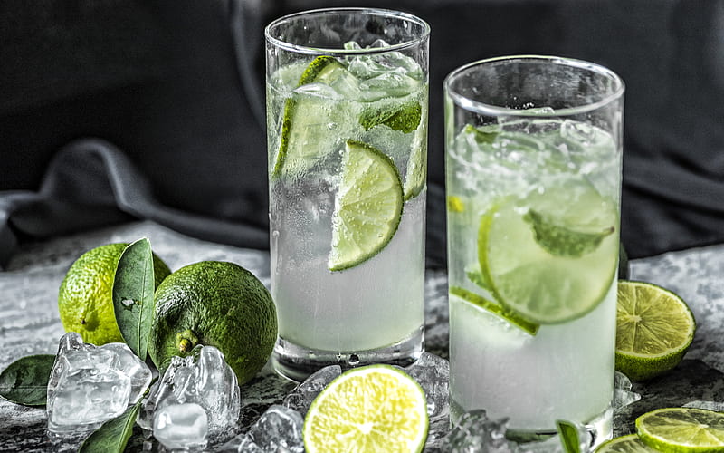 Mojito, lemon lime, mint, glasses with mojito, ice cubes, mojito with ice, HD wallpaper