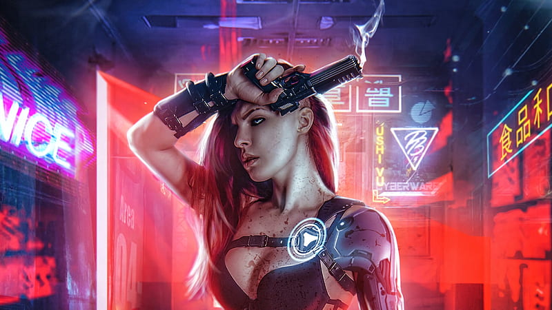 Warrior Girl in Cyberpunk City, HD wallpaper