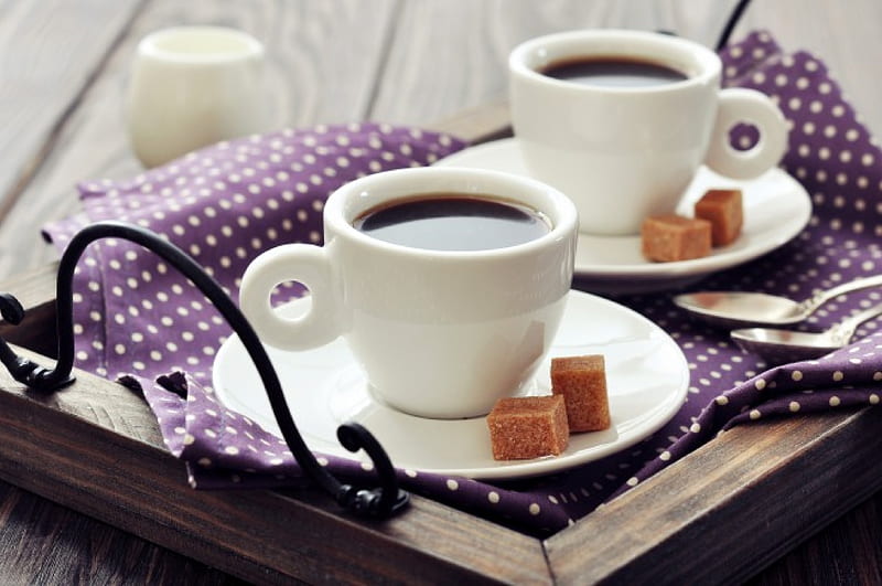 Coffee's Time, meal tray, cloth, sugar, cubes, lunch, coffee, spoons, cup, milk, HD wallpaper