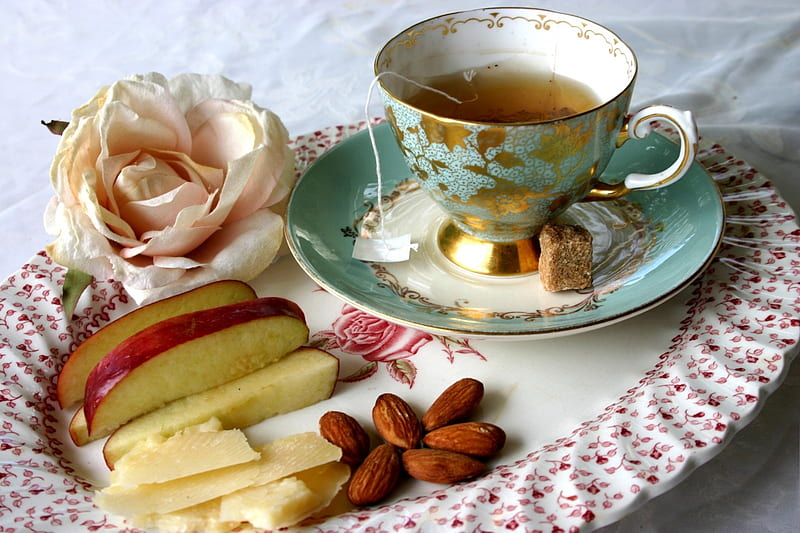 *** A cup of tea ...? ***, cup, drink, almonds, tea, HD wallpaper