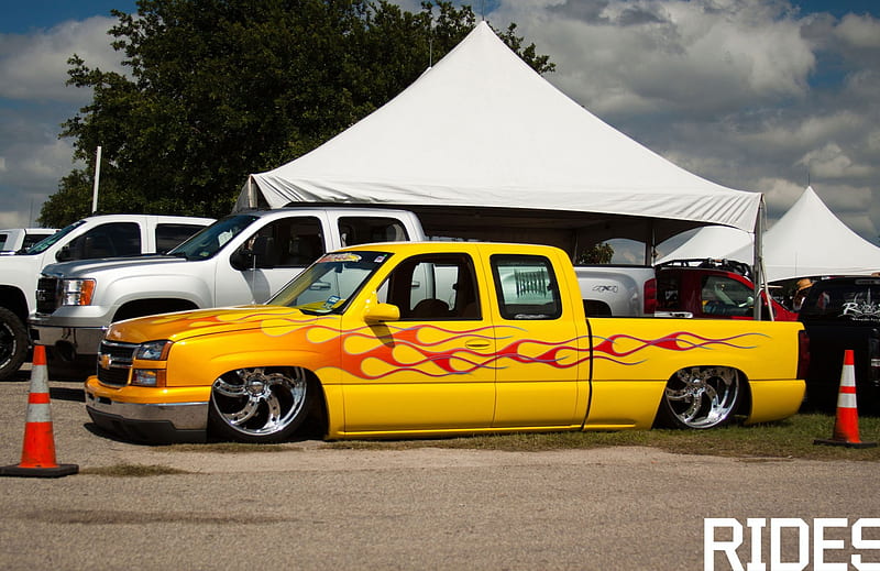 Slammed Silverado, GM, Bowtie, Truck, Flames, HD wallpaper