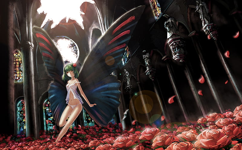 Gertrud, red, female, wings, shoujo, roses, hair, butterfly, green, madoka, mahou, personification, magica, HD wallpaper
