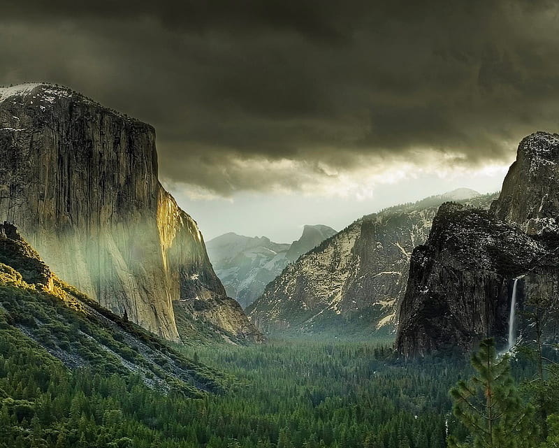 Yosemite, cliffs, clouds, dark, hill, landscape, mountains, nature, HD wallpaper