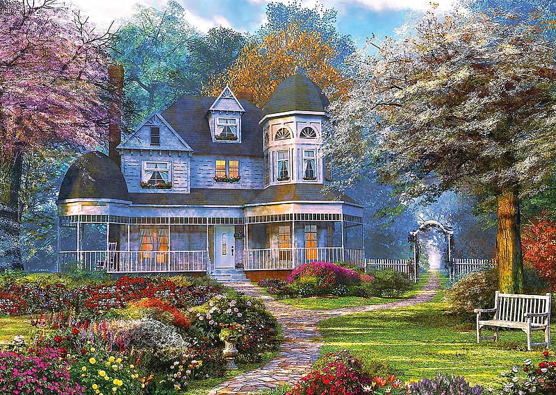 Victorian Mansion, house, digital, bench, garden, flowers, path, trees, artwork, HD wallpaper