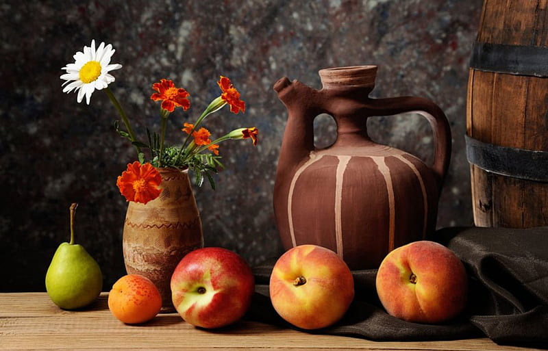 Still life, nectarines, life, fruits, still, pitcher, vase, pears, peaches, apricots, marigold, daisy, HD wallpaper