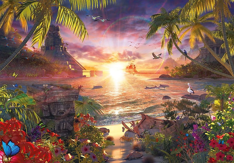 Paradise Sunset, flowers, birds, island, sunset, inca ruins, HD wallpaper
