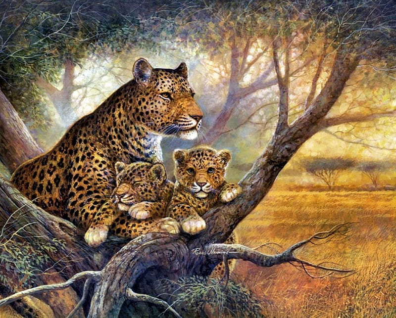 Shadow of Love, Leopards, painting, cubs, trees, mother, artwork, HD wallpaper