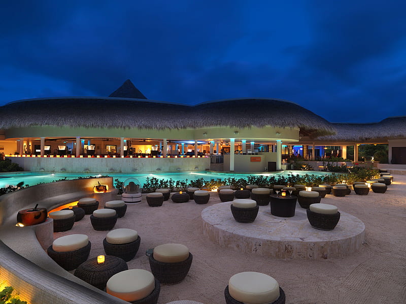 Beach Bar at Night Time, polynesia, resort, restuarant, bar, dusk, lights, evening, south pacific, luxury, night, hotel, exotic, islands, holiday, candles, paradise, island, tropical, HD wallpaper