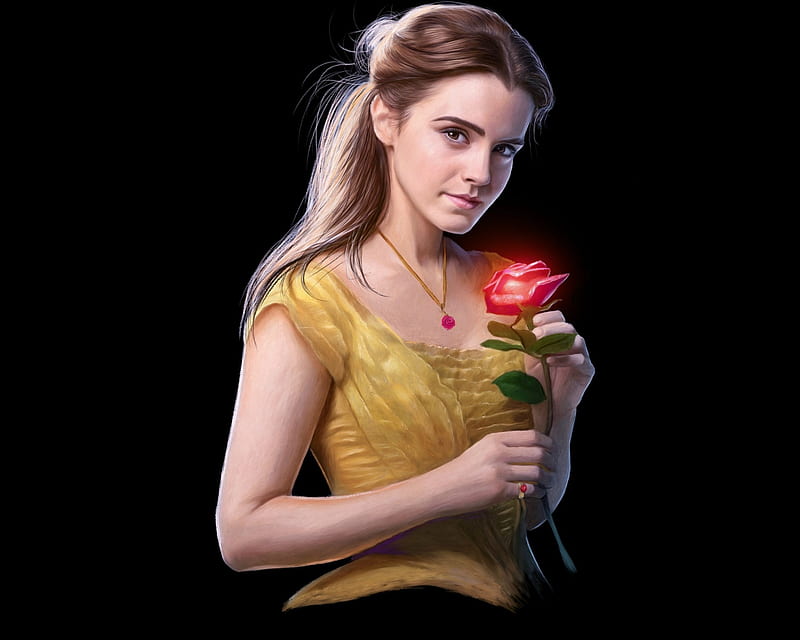 Belle, red, fanart, art, beauty and the beast, rose, carlos castaneda, black, yellow, Emma Watson, fantasy, girl, actress, disney, HD wallpaper