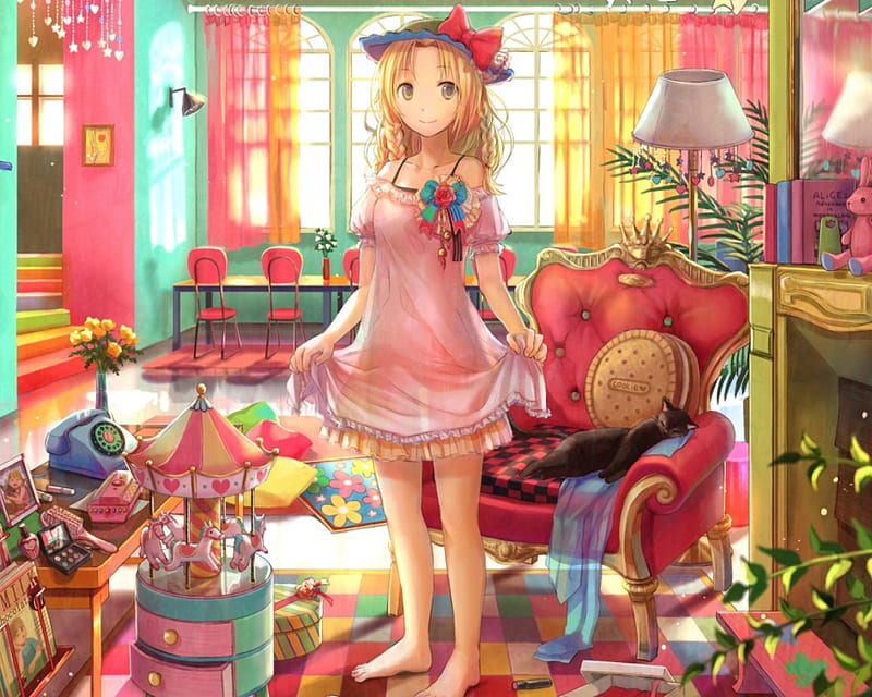 Doll House, cute, an animal, anime girl, cat, HD wallpaper