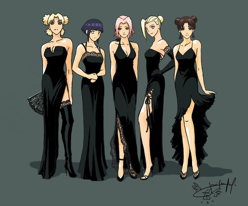 The Gals, cant think of a fourth, black dresses, naruto, silky, HD wallpaper