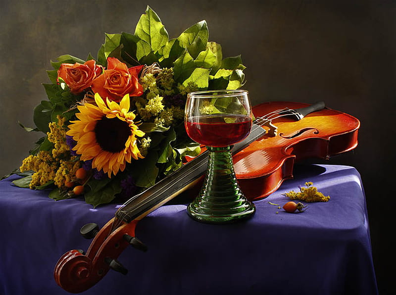 still life, pretty, rose, bonito, graphy, leaves, nice, flowers, drink, beauty, harmony violin, lovely, romance, wine, music, colors, sunflower, delicate, roses, elegantly, cool, bouquet, cup, flower, HD wallpaper