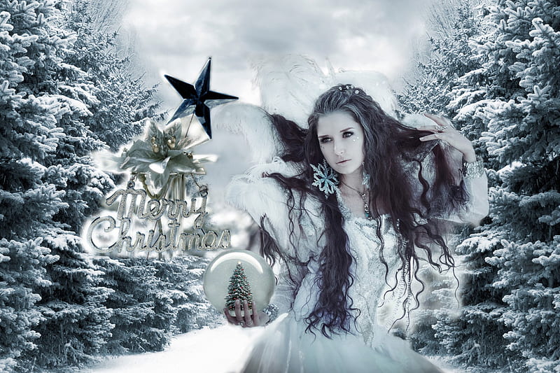 *★* Merry Christmas *★*, forest, holidays, christmas, angel, trees, woman, winter, brunette, spirit, merry christmas, merry, snow, magic christmas, fir, lady, HD wallpaper