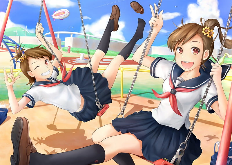 ~The Playground~, uniforms, playground, sisters, fun, sky, clouds, swings, idolmaster, siblings, anime, girls, twins, HD wallpaper