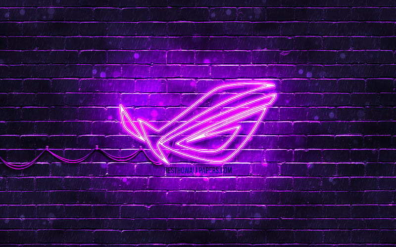 ROG violet logo violet brickwall, Republic Of Gamers, ROG logo, brands, ROG neon logo, ROG, HD wallpaper