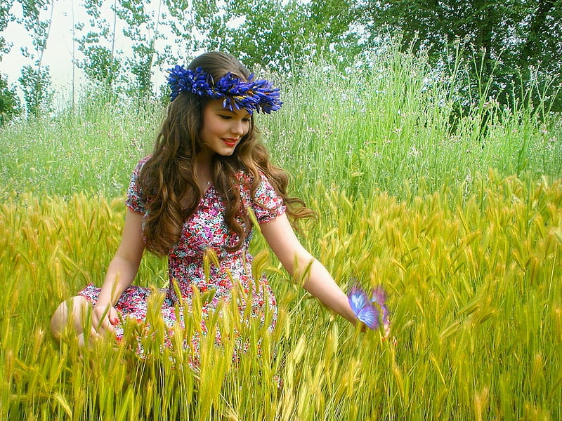 Boho Girl In Field, etheral women, vivid, bold, vibrant, bright, vivid flowers, the WOW factor, colorful, Alessa Abramoff, HD wallpaper