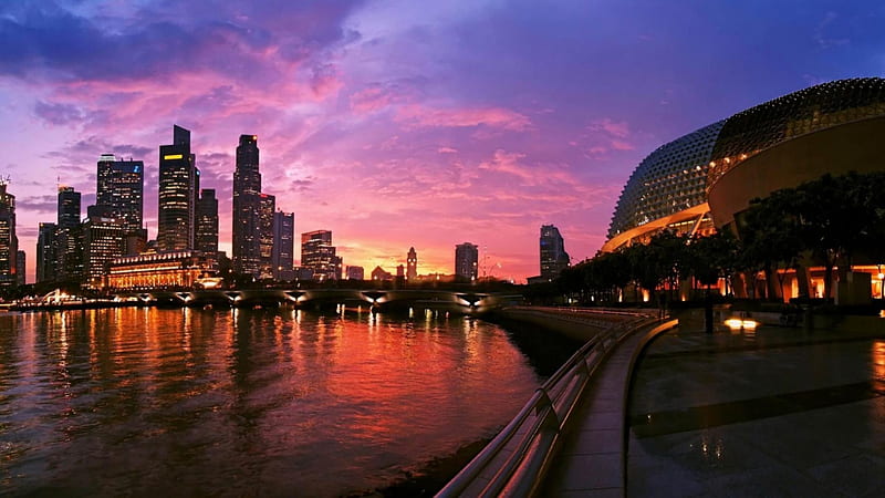 singapore waterfront at sundown, arena, city, waterfront, bridge, skyscrapers, HD wallpaper