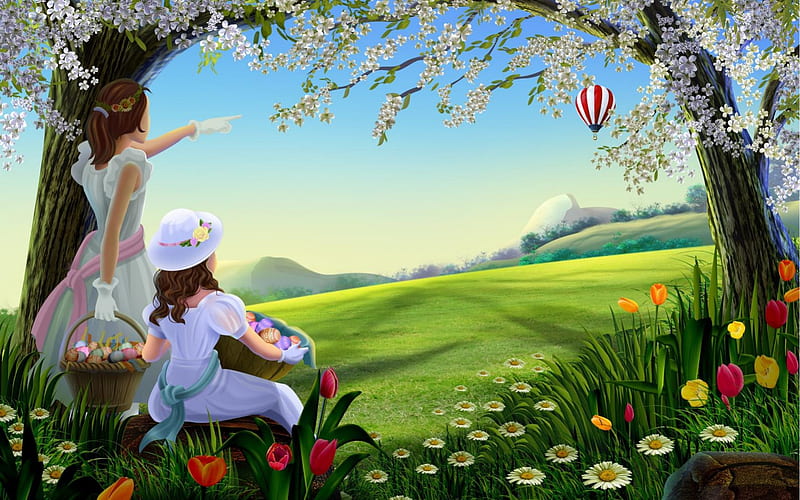 Easter time, world, colorful, easter, bonito, magic, splendor, painting, color, girls, time, spring, flowers lovely, balloon, peaceful, garden, nature, landscape, HD wallpaper