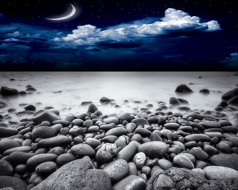 stormy beach, beach, moon, new, nice, rocks, sky, stones, storm, weather, HD wallpaper