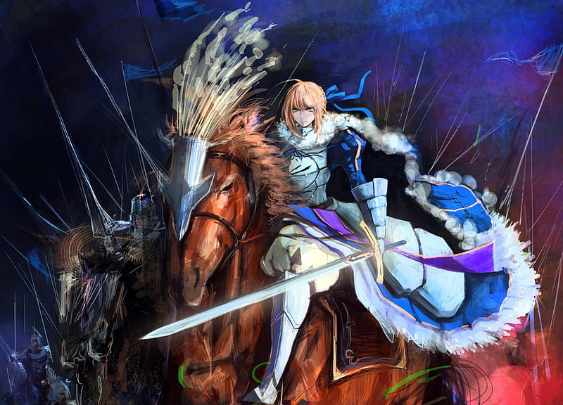 Saber's Cavalry, saber, weapons, fate stay night, anime, horse, sword, cavalry, armour, HD wallpaper
