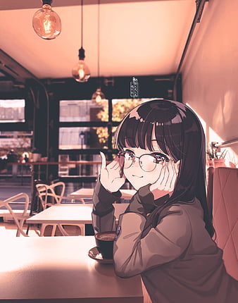 Coffee, anime girl, cafe, kawaii, girl, cute, anime, good vibes, morning, smile, HD phone wallpaper